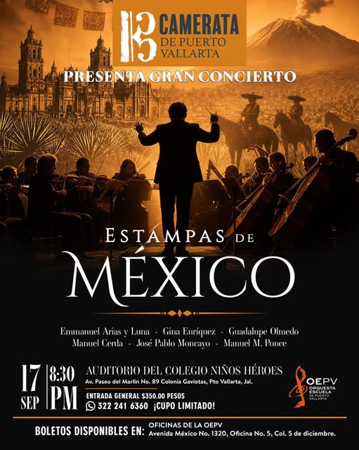 Photo by Orquesta Escuela de Puerto Vallarta on August 14, 2026. Puede ser una imagen de clarinete, póster y texto que dice "13 DE PUERTO CAMERATA VALLARTA PRESENTA GRAN CONCIERTO P所iF参 石密造 ក្នម្លតថដា ESTAMPAS DE ΧΙΣ Emmanuel Arias Manuel Cerda Luna Gina Enríquez José Pablo Moncavo Guadalupe Olmedo Manuel M. Ponce DEL COLEGIO NIÑOS HEROE No. 89 Colonia Gaviotas, Pto Vallarta, Jal. 17 8:30 AI Av Paseo del Marlin SEP PM ENTRADA GENERAL $350 00 PESOS 322 241 6360 ¡CUPO LIMITADO! OEPV ORQUESTA ESCUE
